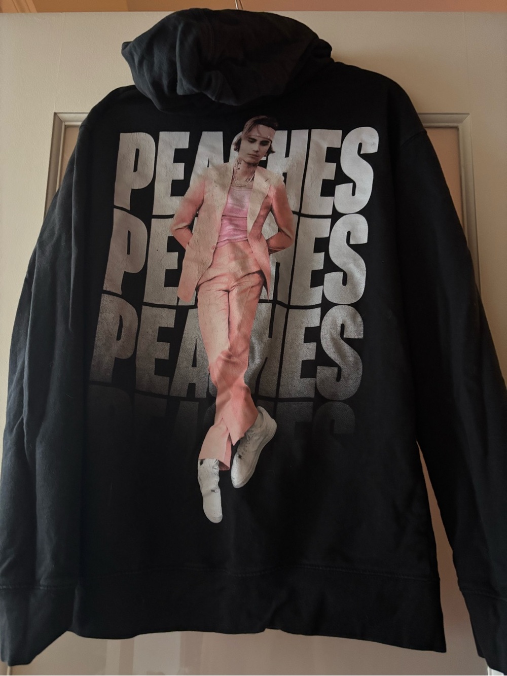 Justin Bieber Black Hoodie with Pink Graphic Peaches Print
